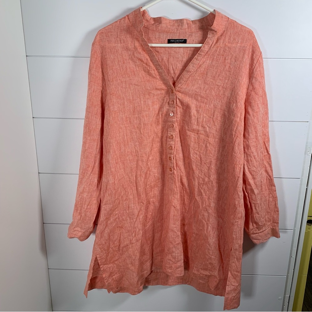 For Cynthia Tunic Top Linen Blend Women Sz L Coral Salmon Beach Coverup Coastal